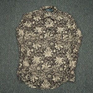 Polo Ralph Lauren Shirt Mens Medium Brown Floral Fish Long Sleeve Popover VTG